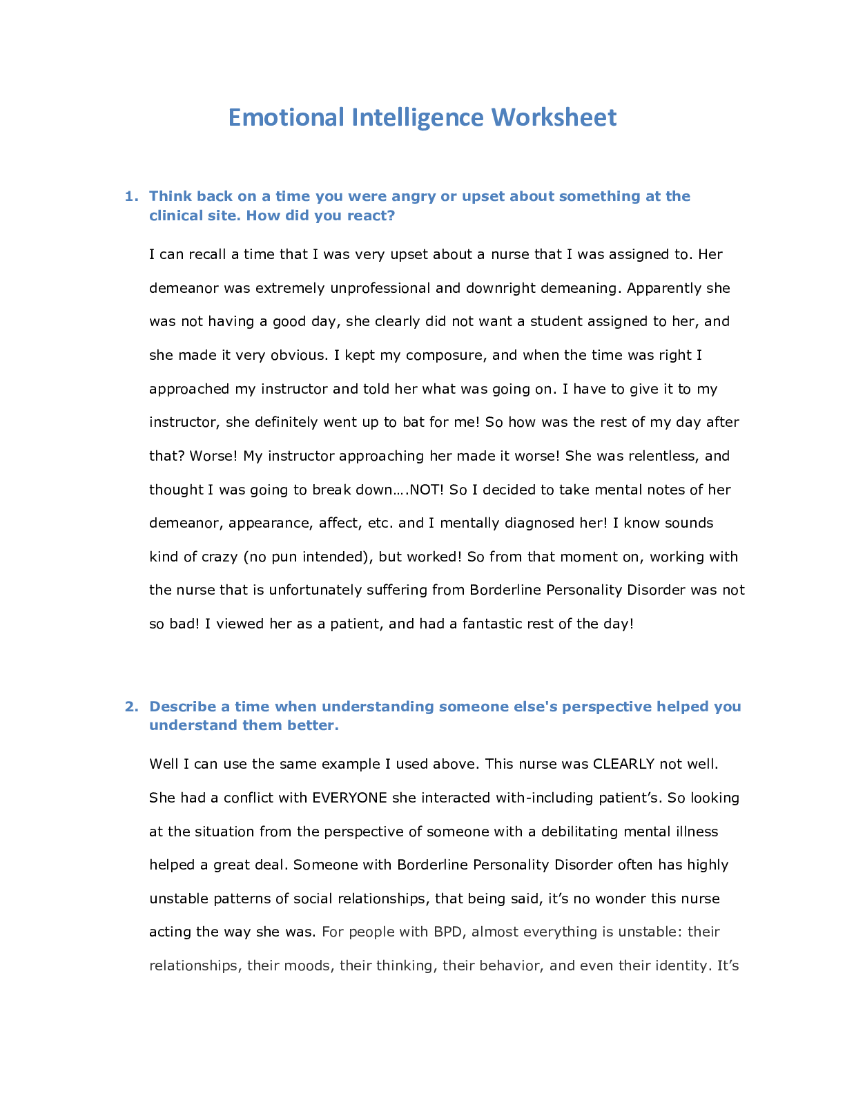 Preview image of NUR 2868 Emotional Intelligence Worksheet, VERIFIED document